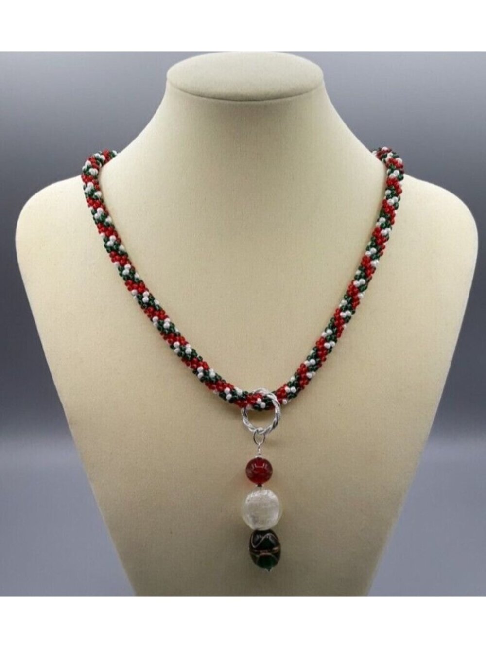 19.5" Red, Green and White Medium Seed Bead Kumihimo (Japanese Braid) Necklace